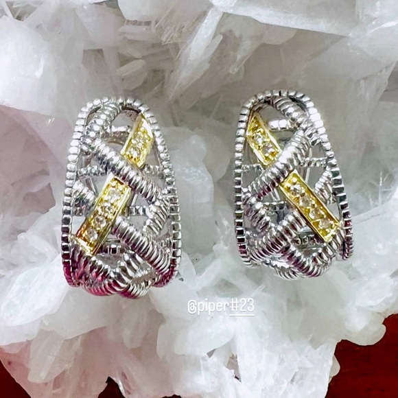 Judith Ripka JR TWO Diamond Estate Basketweave J Hoop Earrings - Picture 7 of 12